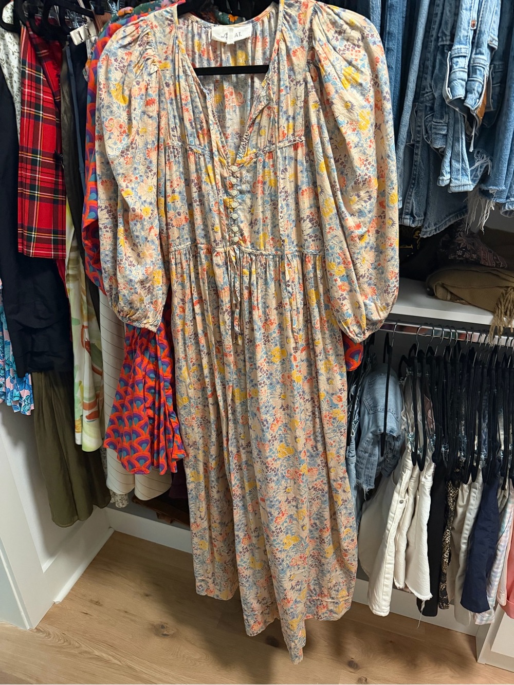 THE GREAT. Peach Floral Puff-Sleeve Maxi Dress